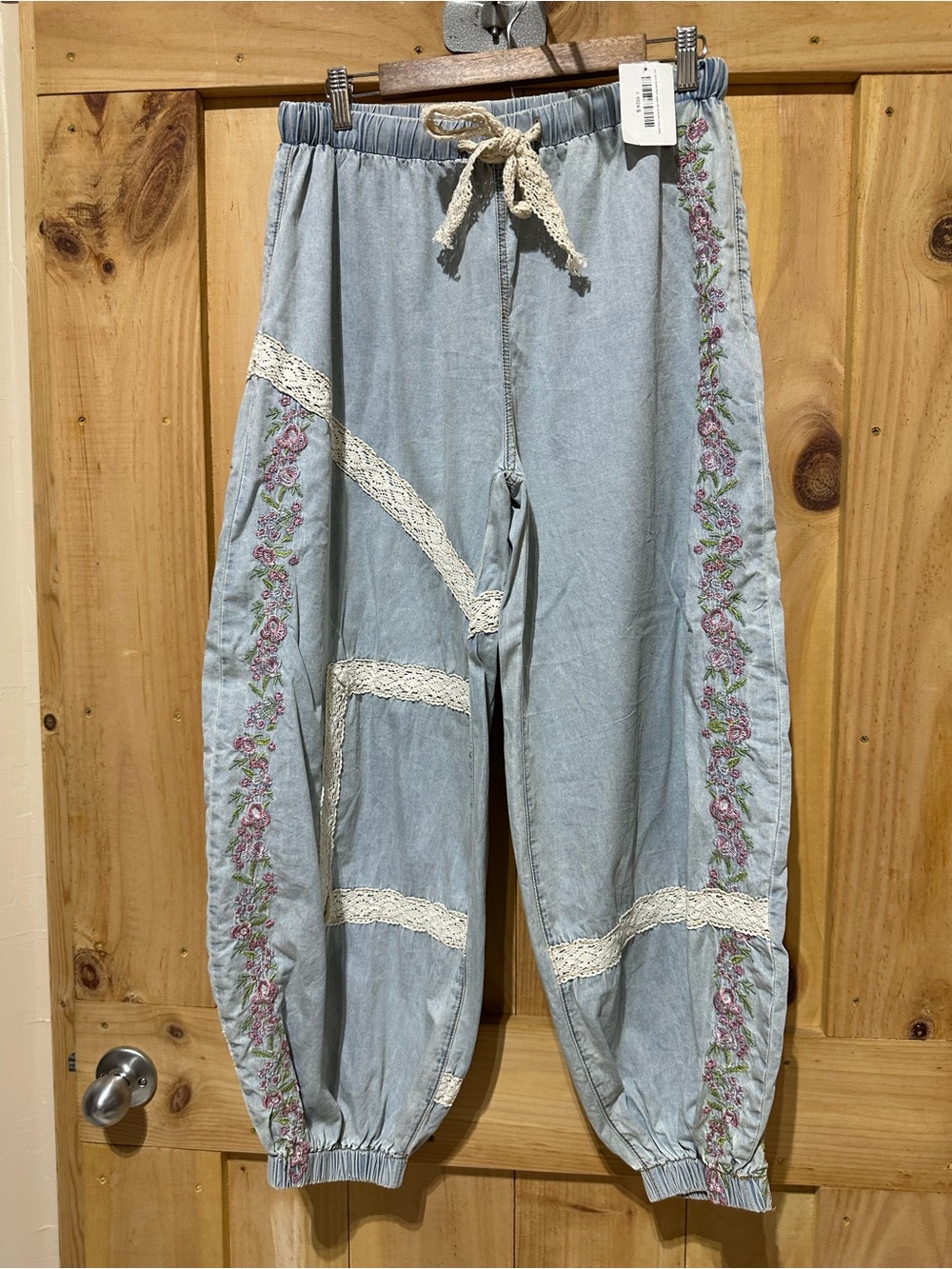 POL Light Blue Floral Embroidered Lace Joggers for Women